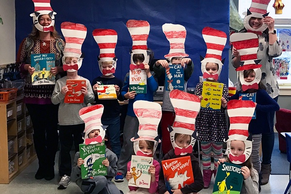 Kindergarten class celebrating Dr. Seuss.