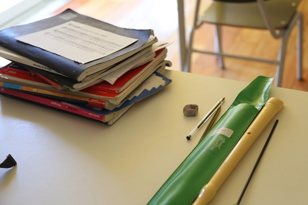 school desk and books